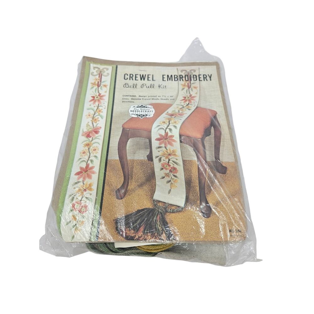 Vintage 70s Crewel Embroidery Bell Pull Kit Elsa Williams Needlecraft Floral